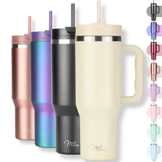 Milu Thermobecher 1200ml mit Strohhalm und Henkel – 48h Eis/24h kalt/12h heiß Edelstahl Tumbler 40oz mit Griff - Isolierbecher to go - Isolierflasche Trinkflasche doppelwandig isoliert (Beige, 1,2L)