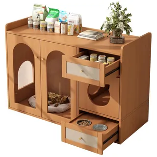 Beaok Sideboard 120/45/76 cm in Nussbaum-Optik mit Glastür & Futternapf-Schublade , Walnussfarben , Holzwerkstoff , 120x83x45 cm , Kleinmöbel, Kommoden, Sideboards
