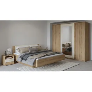 Home Affaire »Bitry,Set 4-St(Bett 180 cm, 2xNako, Drehtürenschrank)« Komplettschlafzimmer, viel Stauraum, fühlbare Struktur, Holzoptik,