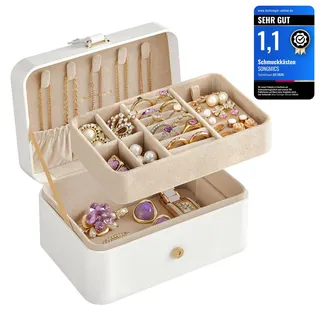 SONGMICS GISELLA Kollektion - Schmuckkästchen Reise mit 2 Ebenen, Schmuckkasten klein, Schmuckaufbewahrung, tragbar, für größere Accessoires, Geschenkidee, 11,6 x 16 x 7,5 cm, wolkenweiß JBC166W01