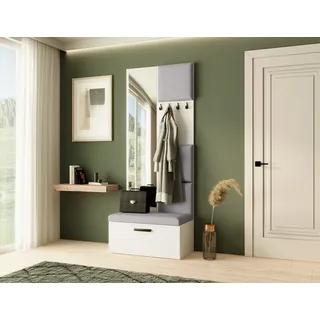 Garderobe MARGARET III, Farbe: Weiß + Grau , mit gepolsterten Paneelen, Spiegel und Kleiderhaken - Weiß, Grau