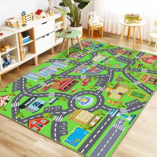 Rezutan Autoteppich Kinder mit Straße, Kurzflor Waschbar & rutschfest Teppich für Kinderzimmer, spielteppich straße für Klassenzimmer, Spielzimmer, Schlafzimmer, 200X230cm
