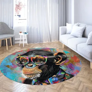 MOKOSAISE AFFE Graffiti runde Fläche Teppiche für Wohnzimmer Büro Küche Eingang Schlafzimmer Dekor Bunte Tiere niedrigfloriger runder Teppich 120cm(Runden)