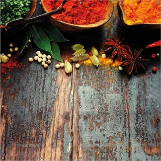 Wallario Outdoor-Poster für Garten oder Balkon, Motiv Gewürze auf Holz - uriger Holztisch in der Küche, in ca. 180 x 180 cm - Braun