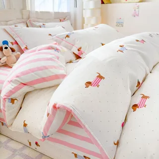 Nayoroom Bettwäsche 135x200 Mädchen Rosa Gestreift Dackel Bettbezug Set
