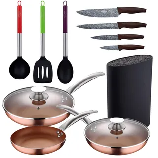 Set mit 5 Pfannen, 20,24,28 cm (mit Deckel), Aluminium, Induktion, mit 3 Kuchenutensilien, Nylon, mit 4 Messern aus Edelstahl mit Tacoma/Bl