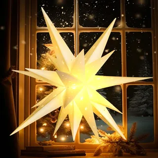 SUNBEAUTY Weihnachtsstern Beleuchtet Batterie mit Timer, 58CM Hängend Weihnachtsdeko Aussen Led Stern, 3D Leuchtstern, Weihnachtsstern für innen und außen