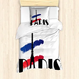 ABAKUHAUS Hipster Bettbezug Set, Paris Typografie Eiffelturm Abbildung Frankreich Kennzeichnen Bild, 135 x 200 cm + 80 x 80 cm, Marineblau Schwarz und Rot - Blau, Schwarz, Rot