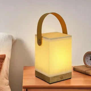 ZMH LED Nachttischlampe Touch Dimmbar Tischlampe Wohnzimmer - Modern Kabellos Akku Tischleuchte Holz Stoff Nachttischleuchte Vintage Nachtlicht - Beige