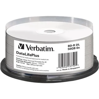 Verbatim BD-R, Blu-Ray-Disk 50GB - Weiße bedruckbare Oberfläche - 6-fache Brenngeschwindigkeit - DataLifePlus - 25 Stück Spindel
