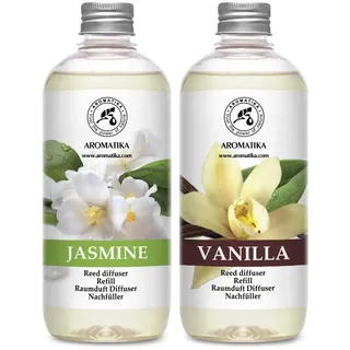 Raumduft Nachfüllflasche Vanille & Jasmin 2x500 ml - Raumerfrischer - Frischer und Langanhaltender Raumduft - Aroma Diffuser - Aromatherapie - Lufterfrischer für Raum - Reed Diffuser Refill