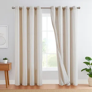 TOPICK Leinen Gestreifte Vorhänge Grau Streifen Gardinen mit Ösen Ticking Streifen Muster Leinenoptik Vorhänge Lichtfilterung für Wohnzimmer Nadelstreifen Gardine Blickdicht 2 Stück H225xB130cm