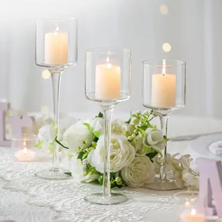 MUXHEL 6 Stück Teelichthalter Glas, Teelichtgläser Glas, Kerzenständer Kerzenhalter, Elegantes Kerzenglas Hoch, Windlicht Kerzenhalter, Für Hochzeit Party Esstisch Tischdeko, 20/23 / 26cm