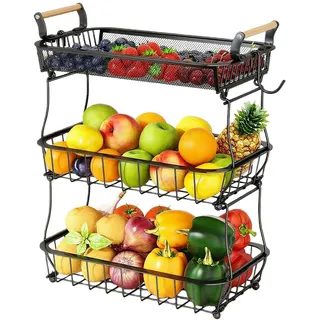Ribech Obstkorb 3-stöckig mit 2 Bananen-Aufhängern, Metall-Draht für Küchenarbeitsplatte, Gemüseaufbewahrung, Obstständer schwarz, Großraum-Obstkorb mit Bananenhalter