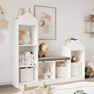 Bücherregal, Spielzeugregal, Regal für Kinder mit 8 Aufbewahrungsfächern, Bücherregal für Kinder, Weiß, 121 x 30 x 108 cm