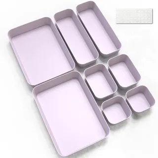 Schubladen Organizer Box 8Stk Organizer Schubladen Ordnungssystem Küche Badezimmer Kosmetik Gewürz Aufbewahrung Organisation Drawer Kunststoff Büro Schreibtisch Trenner mit Silikonmatten (Hellviolett)