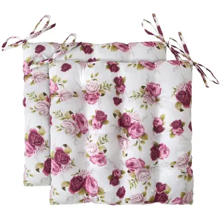 wometo 2er Set Landhaus Sitzkissen Rosen 40x40 Oeko-TEX rosa pink weiß | gesteppte Sitzpolster / Stuhlkissen mit Steppung mit Bändern für Indoor und Outdoor, drinnen und draußen nutzbar