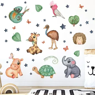 WandSticker4U®- Wandtattoo Kinderzimmer BABY TIERE (78x57 cm) I Wandsticker Baby Elefant Giraffe Igel Strauß Sterne Safari I Wand Deko Mädchen & Junge Möbel Aufkleber