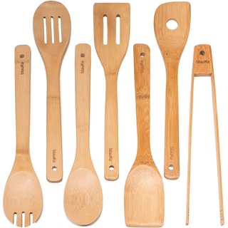 BlauKe® Küchenhelfer Set aus Holz 7-teilig - Küchenutensilien Pfannenwender Set - Kochlöffel Set, Spatel, Schaumlöffel, Zange, Wender, Rührlöffel - Bambus Kochutensilien, Kochgeschirr, Küchenzubehör