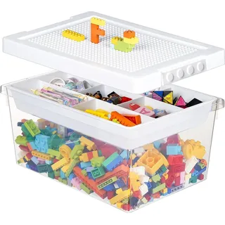Greentainer Spielzeug Aufbewahrungsbox mit Abnehmbares Tablett und Deckel & Bauplatte - Aufbewahrungskorb Kinderzimmer & Spielzeugkiste für Blöcke
