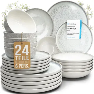Steingut Geschirrset 6 Personen Ibiza 24 tlg. TESTSIEGER, Traumhaftes Mediterranes Steingut Geschirr Set, Schüssel- und Teller Set, Tafelservice 6 Personen, Geschirrsets Pure Living in Light Beige