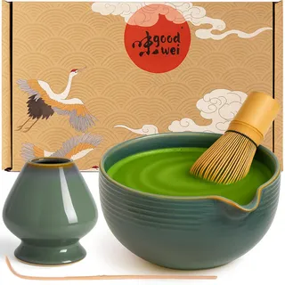 Goodwei Matcha Set mit Matcha Besen, Matchalöffel und Matcha Schale mit Besenhalter aus Keramik im passenden Design | Kunstvoll gefertigte Matchaschale Chawan mit Ausgießer | Geschenkset (Menouseki)