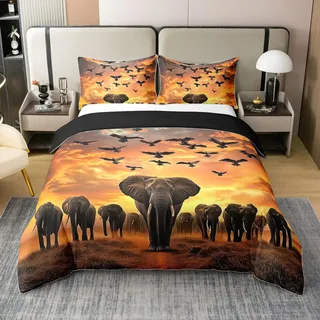 100% Baumwolle Elefant Bettwäsche Set,Sonnenuntergang Bettwäsche,Afrikanische Wildtiere Bettbezug,Vögel Tröster Bezug,Elefantenfamilie Bettbezug für Zimmer Dekor,135x200,1 Kissenbezug,Gelb Schwarz