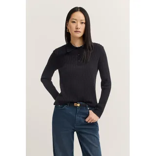 Polokragenpullover BUGATTI "Kaschmir-Mix", Damen, Gr. M, 290, schwarz, 40% Wolle, 30% Viskose, 20% Polyamid, 10% Kaschmir, unifarben, normal, Rippbündchen, Pullover Polokragenpullover, aus Rippstrick mit Knopfleiste