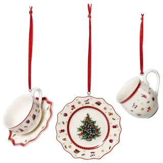 Villeroy & Boch Toy's Delight Decoration Ornamente Geschirrset 3tlg., Ornamente zum Hängen, Premium Porzellan, Tex tilien, Metall, weiß, rot, 6,3 cm