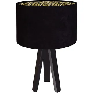 Tischleuchte NERA Schwarz Gold Muster Stoffschirm Holzbeine 46cm Nachttischlampe