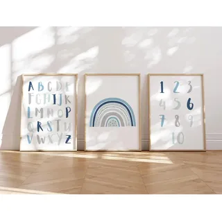 MeinBaby123® Bilder Kinderzimmer | 3er Set A4 Poster | Alphabet ABC Lernposter Zahlen Regenbogen | Deko Kinderzimmer Jungen | Babyzimmer | Wandposter Premium (ABC, Regenbogen, Zahlen - blau)