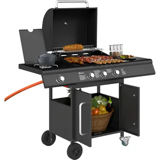 Outsunny Gasgrill 12,2 KW 3+1 Brenner BBQ Grillwagen aus Edelstahl inkl Rolle - Schwarz