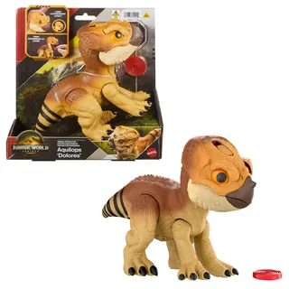 Mattel Jurassic World: Die Wiedergeburt Primal Protector Aquilops Dolores, interaktives Dinosaurier-Spielzeug mit Angriffsbewegungen und Brüllgeräuschen, elektronische Figur mit Nahrungszubehör, JGC01