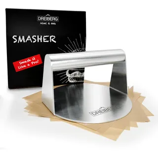 DREIBERG® Grillpresse Set (rund) inkl. Burgerpapier – Burgerpresse Edelstahl für Smash Burger. Burger Smasher. Smashed Burger Presse für Grill, Pfanne & vieles mehr