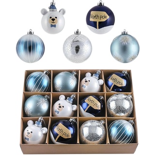 Valery Madelyn Weihnachtskugeln,12stück 8cm Christbaumkugeln Weihnachtskugel mit Geschenkpaket, Weihnachtsbaumschmuck Christbaumschmuck mit Aufhänger,deko Weihnachten,Thema Silber Blau