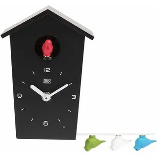 KOOKOO Birdhouse Mini Schwarz, Design Kuckucksuhr mit 12 Vogelstimmen oder Kuckuck