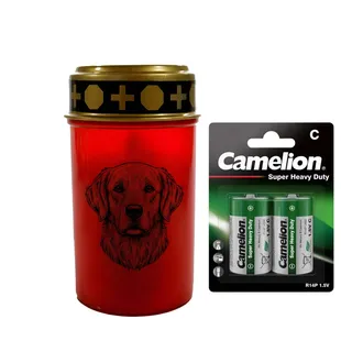 Fachhandel Plus LED Grablicht Hund mit Batterien – Grabkerze LED, wetterfeste Grableuchte Ewiges Licht mit Hundemotiv, warm flackerndes Gedenklicht für Tiergrab & Gedenkstätte (Rot, Retriever)