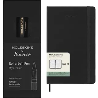 Moleskine x Kaweco Tintenroller, Farbe Schwarz + Wochenplaner 2023-2024, Horizontaler 18-Monate-Kalender, Hardcover-Wochenplaner, Großformat 13 x 21 cm, Farbe: Schwarz
