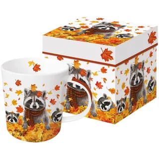 Kaffeebecher Waschbär mit Geschenkbox, Tasse Herbst Blätter Geschenkidee Geschenkset