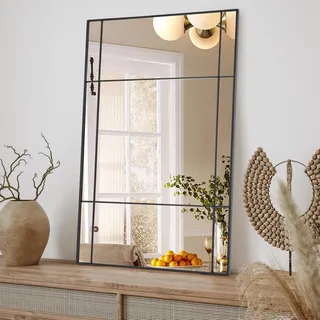 Muzilife Wandspiegel Schwarzer Fensterspiegel mit Metallrahmen, 90x60 cm Rechteckiger Dekospiegel für Schlafzimmer, Esszimmer, Flur, Bad, Hängend oder an die Wand gelehnt