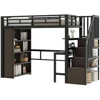 Stilvora Hochbett 90/200 cm in Schwarz mit Schreibtisch, Regalen, LED und Stauraumtreppe , Metall, Holzwerkstoff , 3 Fächer , 90x200 cm , Babymöbel & Kindermöbel, Kinderzimmer & Jugendzimmer, Kinderbetten, Hochbetten