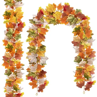 ZOCOYUU Künstliche Herbst-Ahornblatt-Girlande, Herbstkranz mit Laub, für Thanksgiving, Halloween, Weihnachtsdekoration, Hochzeit, Kamin, Kaminsims, Heim- und Party-Dekoration, 2 Stück, Rot/Weiß, 2
