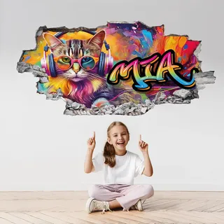 tjapalo® p98 personalisiertes Wandtattoo Graffiti Name Wandtattoo Kinderzimmer Mädchen wandtattoo Teenager Cool 3D Wandsticker Kinderzimmer Name Wandtattoo Katze Kinderzimmer