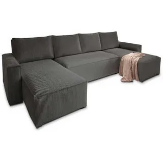 Masseno Wohnlandschaft Aspra Graphitfarben Kordstoff mit Schlaffunktion , Holz , U-Form , 295x85x140 cm , Wohnzimmer, Sofas & Couches, Wohnlandschaften, Wohnlandschaften in U-Form