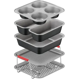 Tefal Dail'Easy 6-tlg. Heißluftfritteusen Accessoires Set, Lochblech-Tablett, Backblech, Brat- & Auflaufform, 2x Kastenform, 4er-Muffin-Backform, ergonomische Griffe, Antihaftbeschichtet, J701S644