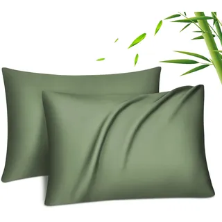 Fittia Lyocell Bambus Kissenbezug 50x75, kühlend atmungsaktiv Bambusgrün | Kopfkissenbezug 2er-Set, Bambusviskose, seidig weich, temperaturregulierend feuchtigkeitsableitend, verdeckter Reißverschluss