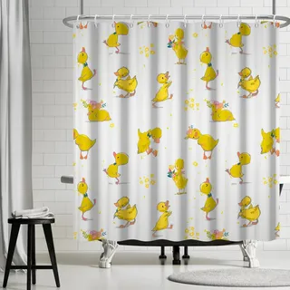 Ttincceer Duschvorhang mit gelber Ente, Cartoon-Motiv, niedliches Tier, Ente, Haustier-Badezimmervorhang, lustig, gelbe Blume, Badewannenvorhang, wasserdicht, 180,3 x 200,7 cm