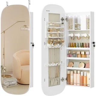 Songmics Schmuckschrank, Spiegelschrank, Schmuck-Organizer mit LED-Beleuchtung, abschließbar, Wandschrank mit Spiegel, für Ohrring, Halskette, Oberfläche in Weiß, Innenfutter in Greige JJC026W01