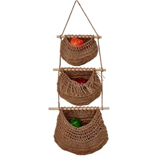 DONGKER Hängekorb 3 Etagen, Natürlich Hängend Obstkorb, Platzsparend Fruit Basket aus Baumwollseil und Holz für die Decke, Obst, platzsparend in Küche