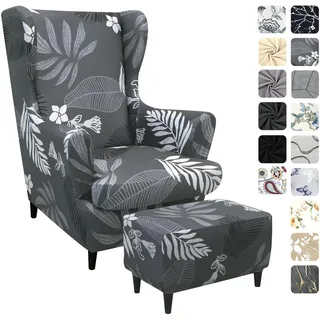 Alishomtll 3 Teilig Ohrensessel Überzug Mit Ottomane Schonbezug Stretch Sessel-Überwürfe Elastisch Sesselhusse Strandmon Tiger Stuhlbezug mit Armlehne Hohe Rückenlehne Universal (Grau Laub)